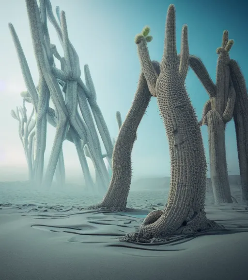 Prompt: surreal theory of the massive inverted vertical labyrinth roots, unfinished roots of white sand, futuristic tower, ancient epic tower in the desert, biroremediation plant, foggy sky, dark night, a little bit of patchy cactus, octane render, unreal engine, pale colors, high detail, 8 k, wide angle, trending on artstation, behance