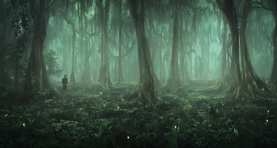 Prompt: A dense and dark enchanted forest with a swamp, by Beeple