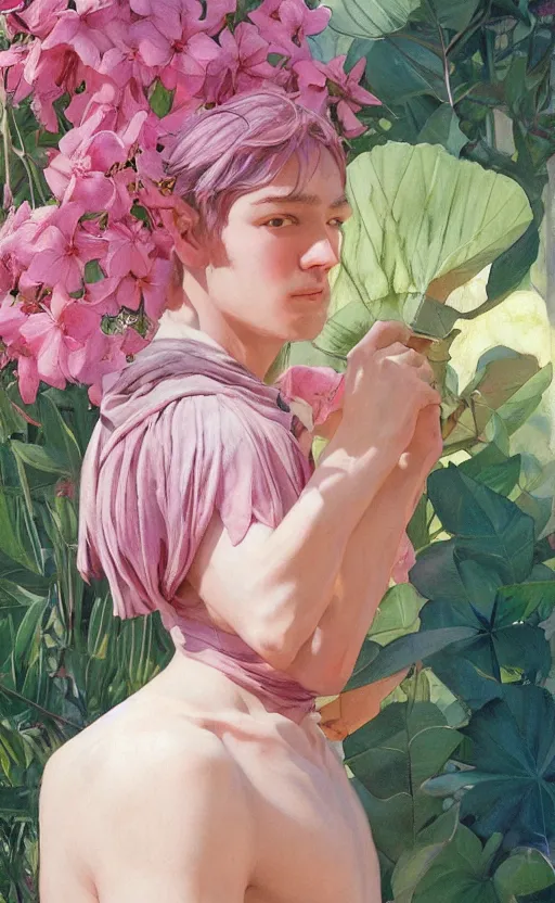 Prompt: androgynous cute pink haired yoongi wearing greek clothes, muted colors, colorful flowers, tropical, sunlight filtering through skin, j. c leyendecker, by alan lee, wlop! illustrated by starember, fantasy art by craig mullins cfg _ scale 8