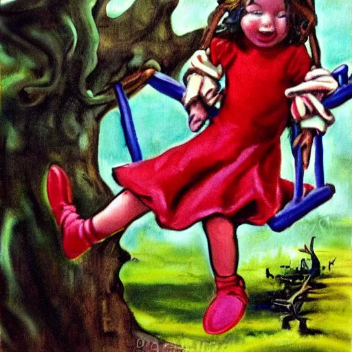 Prompt: fantasy painting of a little girl on a swing by dr seuss | horror themed | creepy