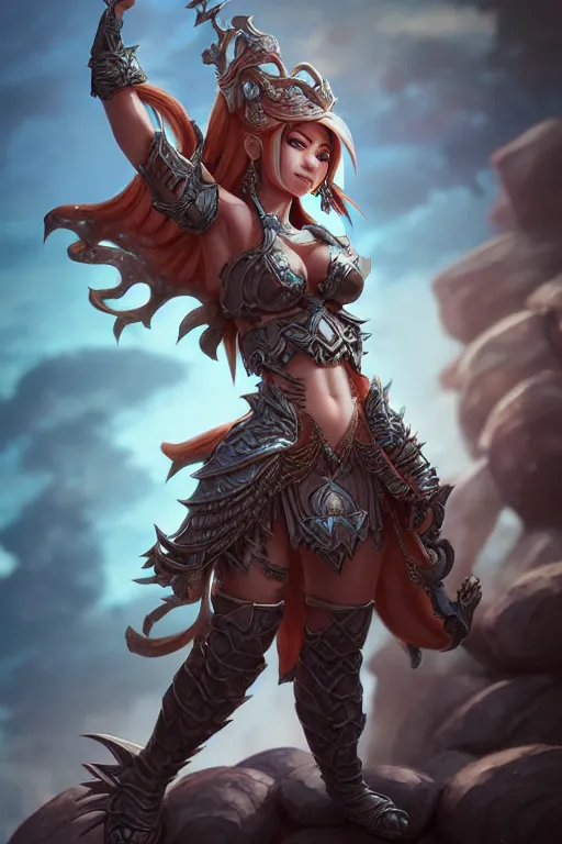 Image similar to sakimi chan, detailed face, standing on a rock, fantasy armor, tony sart, unreal engine