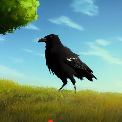 Image similar to a wholesome animation key shot of a crow on a hill, portrait shot, centered subject, studio ghibli, pixar and disney animation, sharp, rendered in unreal engine 5, anime key art by greg rutkowski, bloom, dramatic lighting