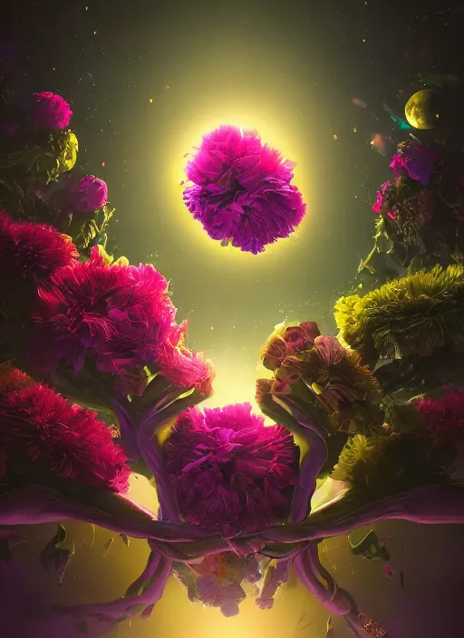 Image similar to An epic fantastic realism comic book style painting of the most beautiful entwined flowers launched across the dark galactic night sky, nebulous bouquets, fisheye lens, unreal 5, DAZ, hyperrealistic, octane render, dynamic lighting