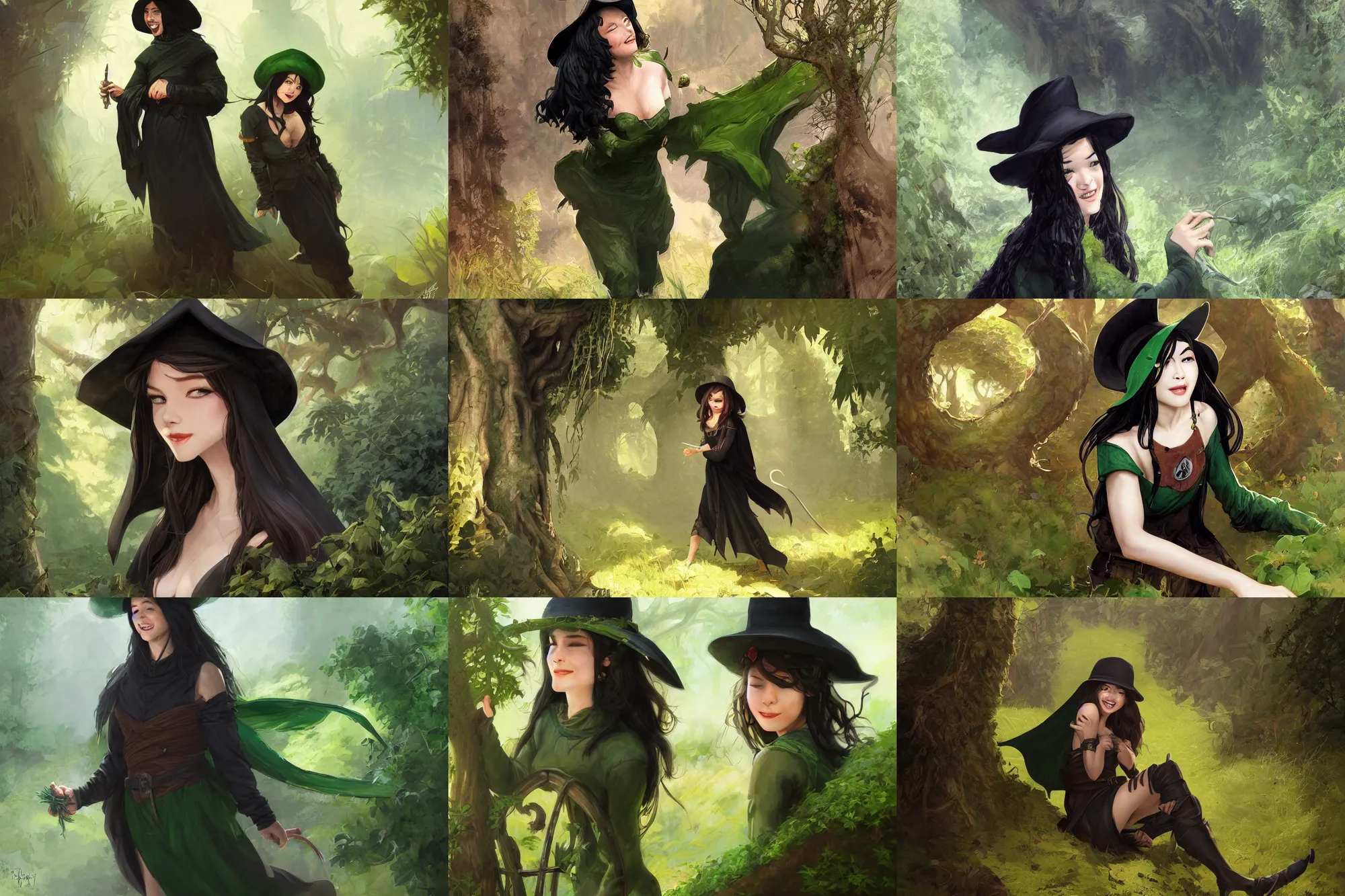 Prompt: medieval young thief hiding in the bushes, smiling, long black hair, black hat and green clothes by stanley artgerm lau, wlop, rossdraws, frank frazetta, andrei riabovitchev, marc simonetti, tranding on artstation