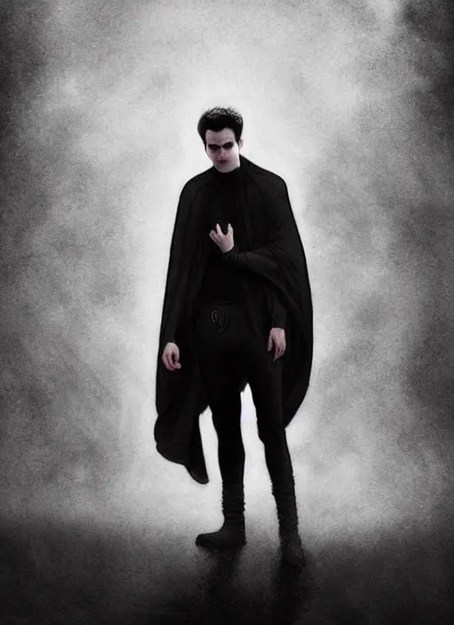 Image similar to well - shaven robert pattinson, black outfit, cape, in the style of tom bagshaw, sandman, misty endless dream cinematic background, netflix sandman