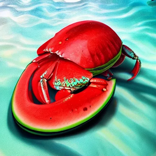 Image similar to photorealistic watermelon crab. hyperdetailed photorealism, 1 0 8 megapixels, amazing depth, glowing rich colors, powerful imagery, psychedelic overtones, 3 d finalrender, 3 d shading, cinematic lighting, artstation concept art