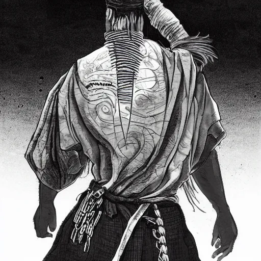 Image similar to A PORTRAIT FROM BEHIND OF A SAMURAI MAN VAGABOND WITH A MOON BEHIND HIM ,THE SAMURAI IS WRAPPED IN CHAINS ,detailed, concept art, ink style , sketch