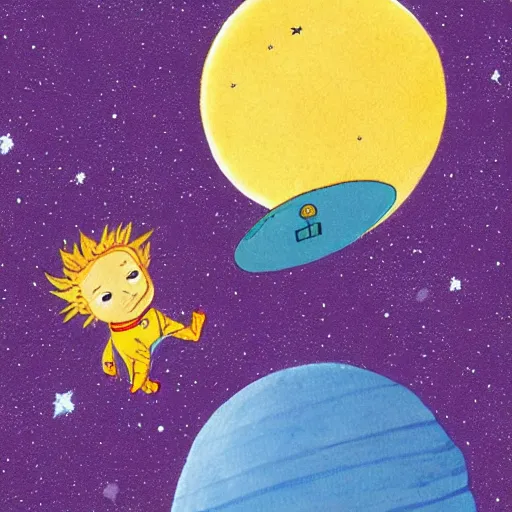 Image similar to the little prince on a little planet floating in space, illustration by antoine de saint - exupery