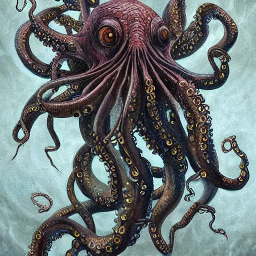 Prompt: Painting, Creative Design, Anthropomorphic octopus, Biopunk, Body horror, by Marco Mazzoni