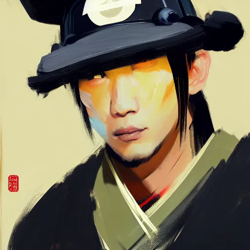 Image similar to ashley wood portrait painting of, a samurai, with mouseketeer hat on, as overwatch character, medium shot, asymmetrical, profile picture, organic painting, dramatic lighting, matte painting, bold shapes, hard edges, 6 0 s french movie poster, french impressionism, palette knife and brush strokes, dutch angle, by huang guangjian and gil elvgren and sachin teng