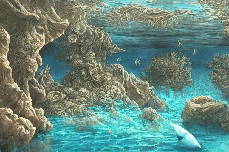 Image similar to underwater sunken temple!, ocean, sea, fish, palladian, illustration, concept art, digital art, colorful, blue, detailed, realistic