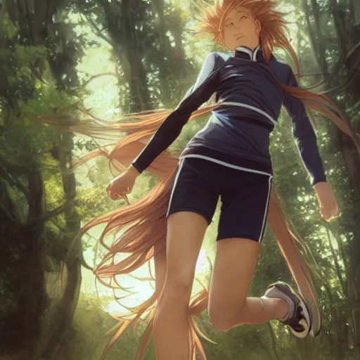 Prompt: a girl is running, sport clothing, anime style, long hair, hair down, symmetrical facial features, from arknights, hyper realistic, highly detailed, rule of thirds, extreme detail, detailed drawing, trending artstation, realistic lighting, sport magazine, by alphonse mucha, greg rutkowski, sharp focus, backlit, real faces, realistic anatomy