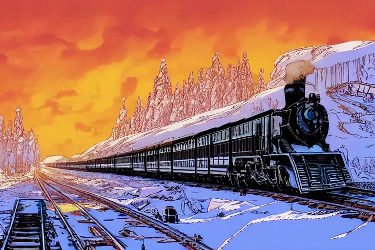 Prompt: trans - siberian express train illustration by joe fenton and syd mead and p. craig russell and barry windsor - smith, artstation, 4 k, graphic novel, concept art, matte painting, beautiful russian winter landscape sunset background, golden hour, art nouveau