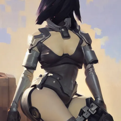 Image similar to greg manchess portrait painting of yorha type a no. 2 as overwatch character, medium shot, asymmetrical, profile picture, organic painting, sunny day, matte painting, bold shapes, hard edges, street art, trending on artstation, by huang guangjian and gil elvgren and sachin teng