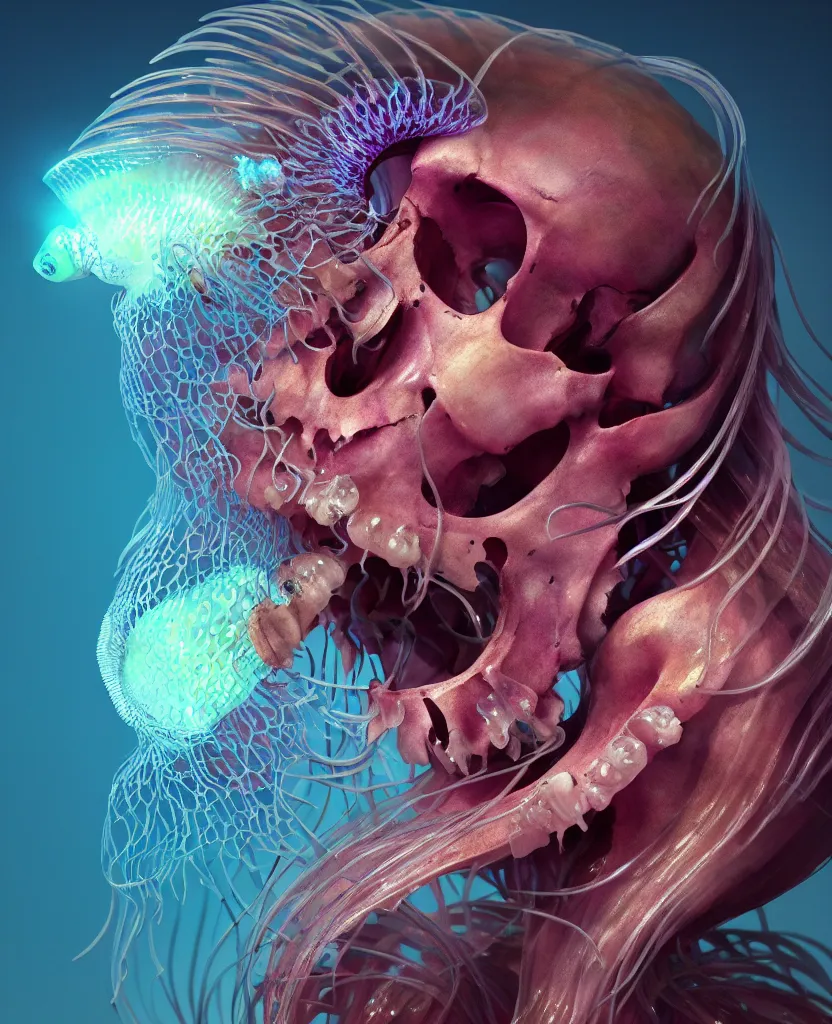 Image similar to goddess close-up portrait animal skull. jellyfish phoenix head, nautilus, orchid, skull, betta fish, bioluminiscent creatures, intricate artwork by Tooth Wu and wlop and beeple. octane render, trending on artstation, greg rutkowski very coherent symmetrical artwork. cinematic, hyper realism, high detail, octane render, 8k