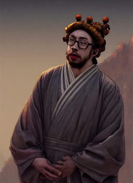 Image similar to sam hyde in hanfu suit, sigma male, accurately portrayed, rule of thirds, by jakub rebelka, martine johanna, wadim kashin, dino valls, great wall of china in the distance, very detailed, smooth, sharp focus, octane render, close up, face anatomy