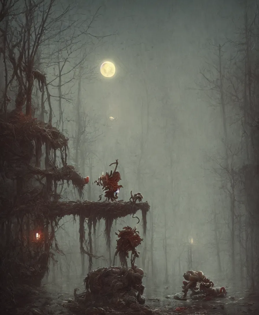 Prompt: time like these, sad skull clown, raining, full moon, illustrated by Simon Stålenhag and Gaston Bussiere, beautiful volumetric lighting style atmosphere, intricate, ultra detailed, photorealistic, trending on artstation, 4k, 8k