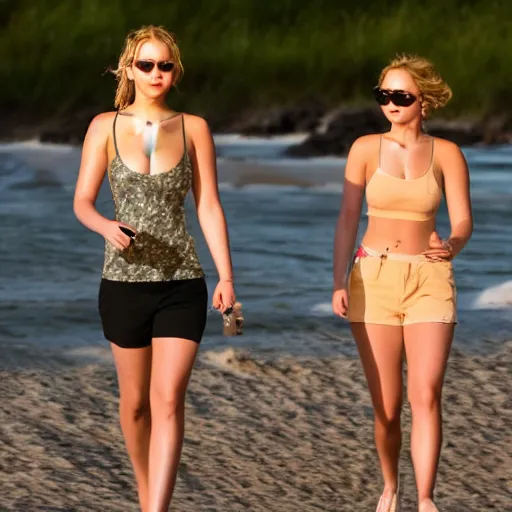 Image similar to Jennifer Lawrence and Jennifer Lawrence walking along the beach together, golden hour, hyperdetailed, 8k,