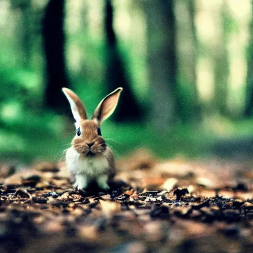 Prompt: little bunny in forest, photograph, 3 5 mm film, realistic, sharp image, depth of field,