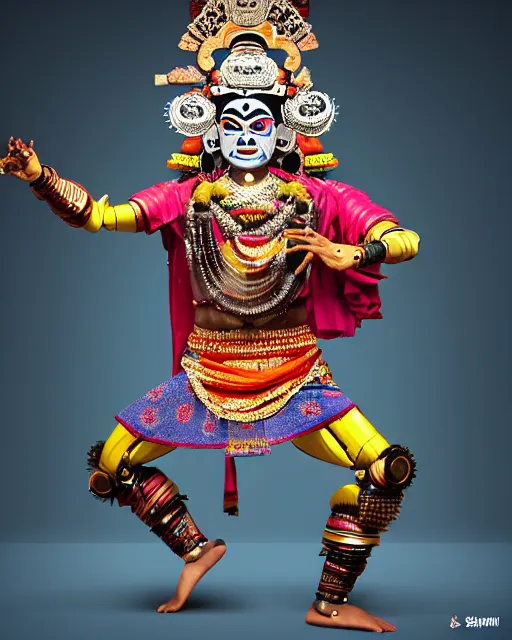 Image similar to photo of a Dramatic Kathakali male character with traditional headgear painted face wearing futuristic robocop LED goggles and futuristic robot armour with wide traditional ghaghra in the style of stefan kostic, full body, realistic, sharp focus, symmetric, 8k high definition, insanely detailed, intricate, elegant, art by stanley lau and artgerm, Hajime Sorayama, William-Adolphe Bouguereau