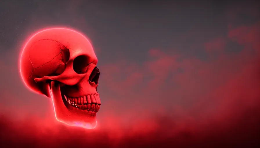 Image similar to Photorealistic Skull covered in thin red strings Surrounded by thick fog and puffy magical clouds that glow from lights in the distance, volumetric lighting, haze, atmosphere, magical lighting, digital art, wallpaper, octane, redshift, creepy, shallow depth of field