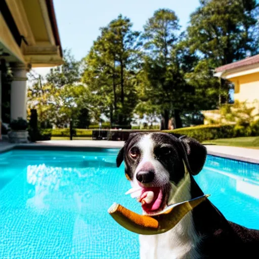 Image similar to a very detailed photo of a dog ( smoking a cigar ) outside the mansion by the pool