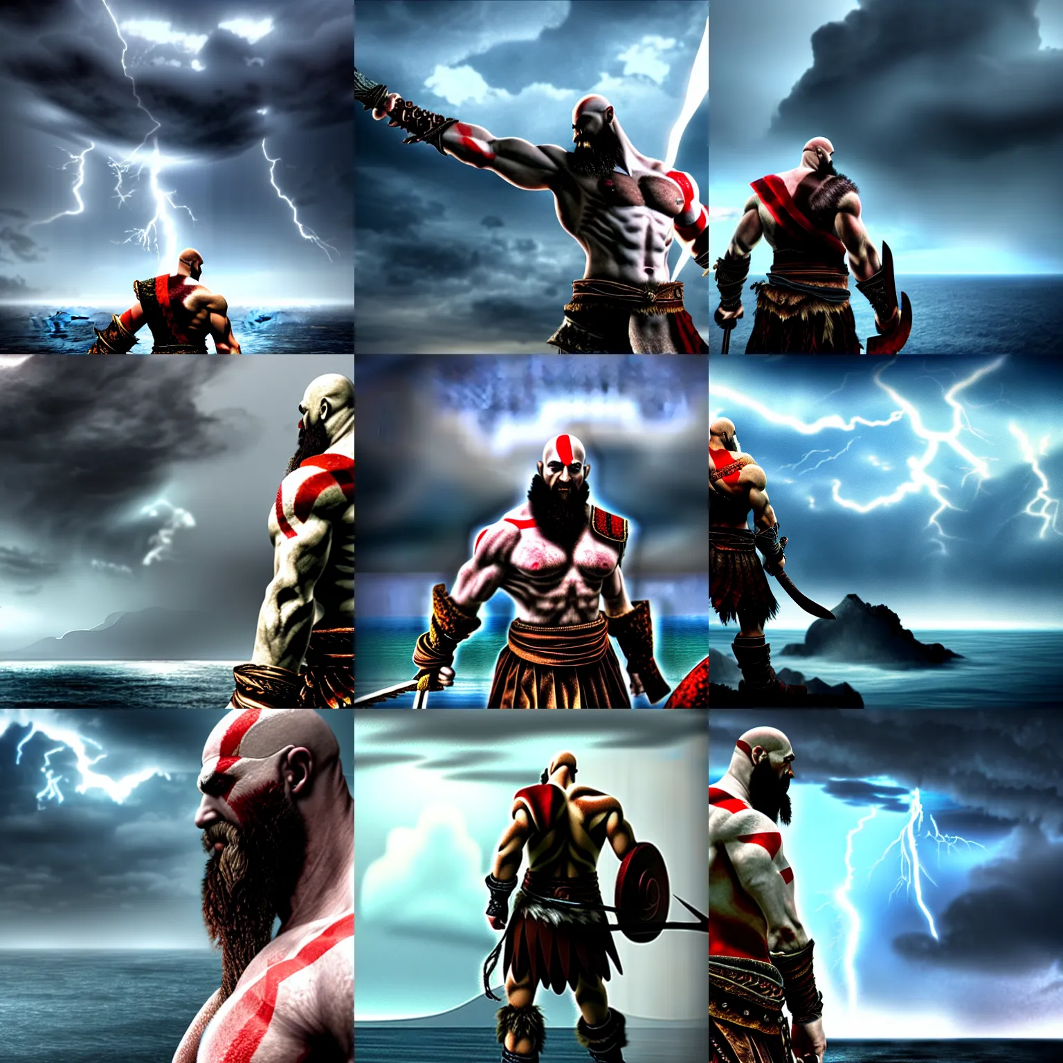 Prompt: kratos from god of war on the edge of a black sea looking at the clouds and seeing the angry zeus face, lightning falling to the horizon, dark sun between storm clouds,