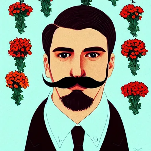 Image similar to portrait of a man with a moustache standing in front of flowers, tumblr contest winner, aestheticism, masculine, aesthetic, ilya kuvshinov