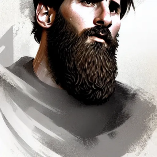 Image similar to Messi with a majestic beard, closeup, D&D, fantasy, intricate, elegant, highly detailed, digital painting, artstation, concept art, matte, sharp focus, illustration, art by Artgerm and Greg Rutkowski and Alphonse Mucha