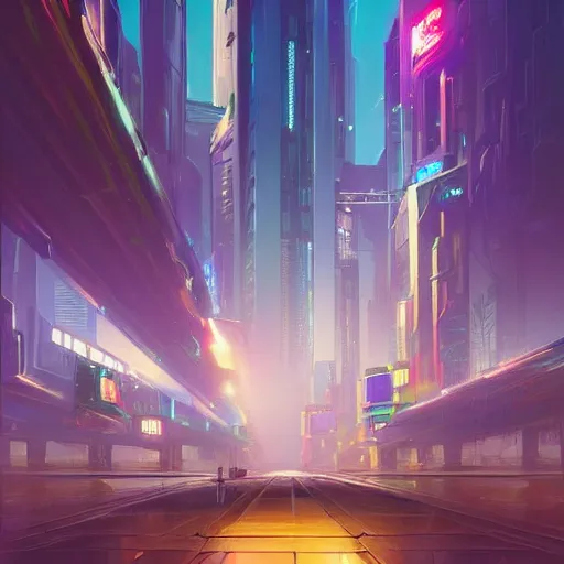 Image similar to a beautiful matte masterpiece of futuristic cyber punk city at night by rhads, trending on artstation, featured on behance, intricate, rectilinear.