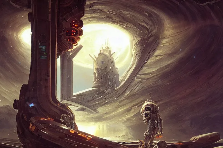 Prompt: a sigma man in futuristic space suit looking at ancient white renaissance spaceship through a time travel spaceship window, scifi, serene, refined, by swang, wlop, peter mohrbacher, jakub rebelka, visually stunning, beautiful, masterpiece