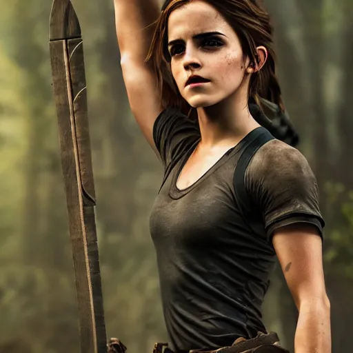 Image similar to Emma Watson modeling as Lara Croft from Zelda, (EOS 5DS R, ISO100, f/8, 1/125, 84mm, postprocessed, crisp face, facial features)