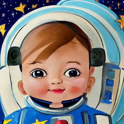 Image similar to a cute little girl with a round cherubic face, blue eyes, and short wavy light brown hair smiles as she floats in space with stars all around her. she is an astronaut, wearing a space suit. beautiful painting with highly detailed face by quentin blake and maurice sendak and greg rutkowski