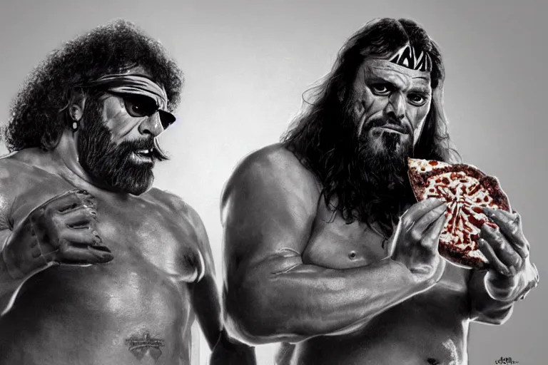 Image similar to andre the giant and macho man randy savage, mega powers, sharing a pizza, at muscle beach, mid 9 0 s, gritty, ethereal details, cinematic lighting, hyper - detailed, maximalist, artstation, 8 k