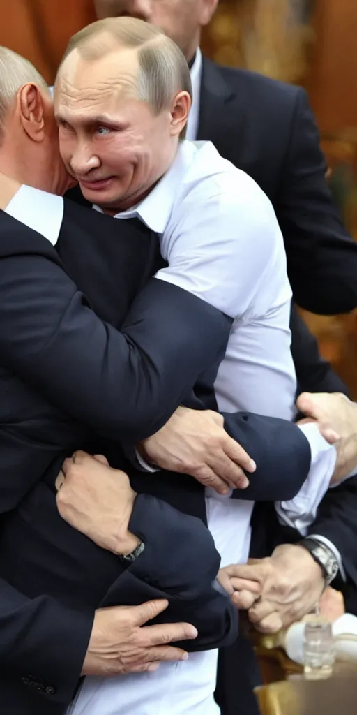 Image similar to Vladimir Putin gives Volodymyr Zelenskyy a great big hug