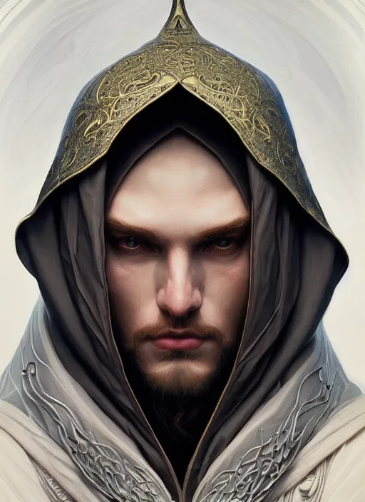 Image similar to symmetry!! portrait of male wizard wearing a hood, high fantasy, intricate, elegant, highly detailed, photorealistic, cinematic lighting, digital painting, artstation, concept art, smooth, sharp focus, illustration, art by artgerm and greg rutkowski and alphonse mucha,