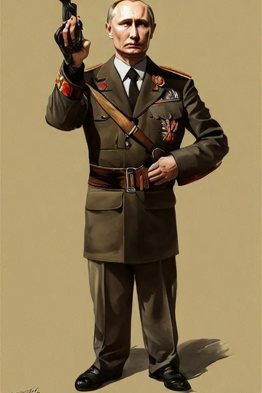 Image similar to vladimir putin as hitler, realistic portrait, symmetrical, highly detailed, digital painting, artstation, concept art, smooth, sharp focus, illustration, cinematic lighting, art by artgerm and greg rutkowski and alphonse mucha