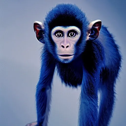 Prompt: an alien monkey, blue, otherworldly, national geographic, film still