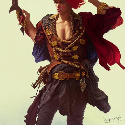Image similar to portrait of a young pirate captain, male, masculine, handsome, upper body, red hair, long hair, cheerful, D&D, fantasy, intricate, elegant, highly detailed, digital painting, artstation, concept art, sensual, cinematic lighting, cutscene, sharp focus, illustration, art by Artgerm and Greg Rutkowski and Alphonse Mucha