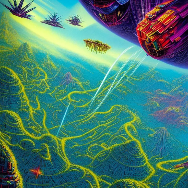 Prompt: cosmic flying cities sailing over lush rainforest mountaintops, synthwave, bright neon colors, highly detailed, cinematic, tim white, vladimir kush, philippe druillet, roger dean, bob eggleton, michael whelan, boris vallejo, alfred kelsner, kubrick, jaroslaw jasnikowski