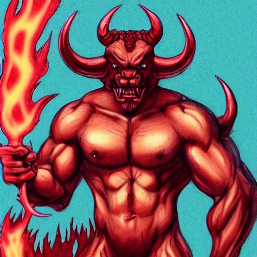 Prompt: full body drawing by Luke Starkie of a muscled horned Satan Devil , swimming tuxedo, red flames in background, artstation