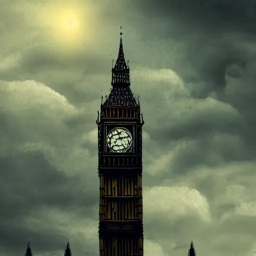 Image similar to A witch flying high in the sky above the tall buildings,the Big Ben is in background, top down perspective,gloomy lighting,creepy atmosphere,digital art , highly detailed , high contrast, beautiful lighting, award winning , trending on art station, 8k, photo realistic