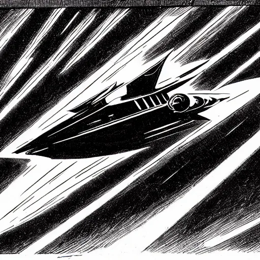 Prompt: a les edwards art deco style sci - fi space ship, ink drawing, smooth, sharp focus, vibrant volumetric natural light, dark enlightenment, nigredo, 3 0 s.