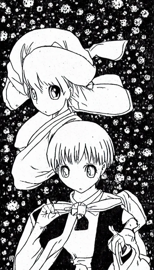 Prompt: a black and white Hayao Miyazaki manga, black and white manga style, japanese manga comic, Naoko Takeuchi manga