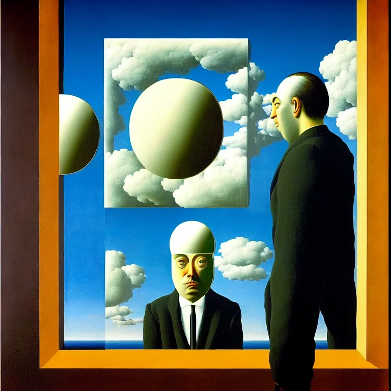 Prompt: a man looks into his own reflection and sees nothing, by rene magritte and salvador dali, surreal, oil on canvas, hyper detailed, vivid