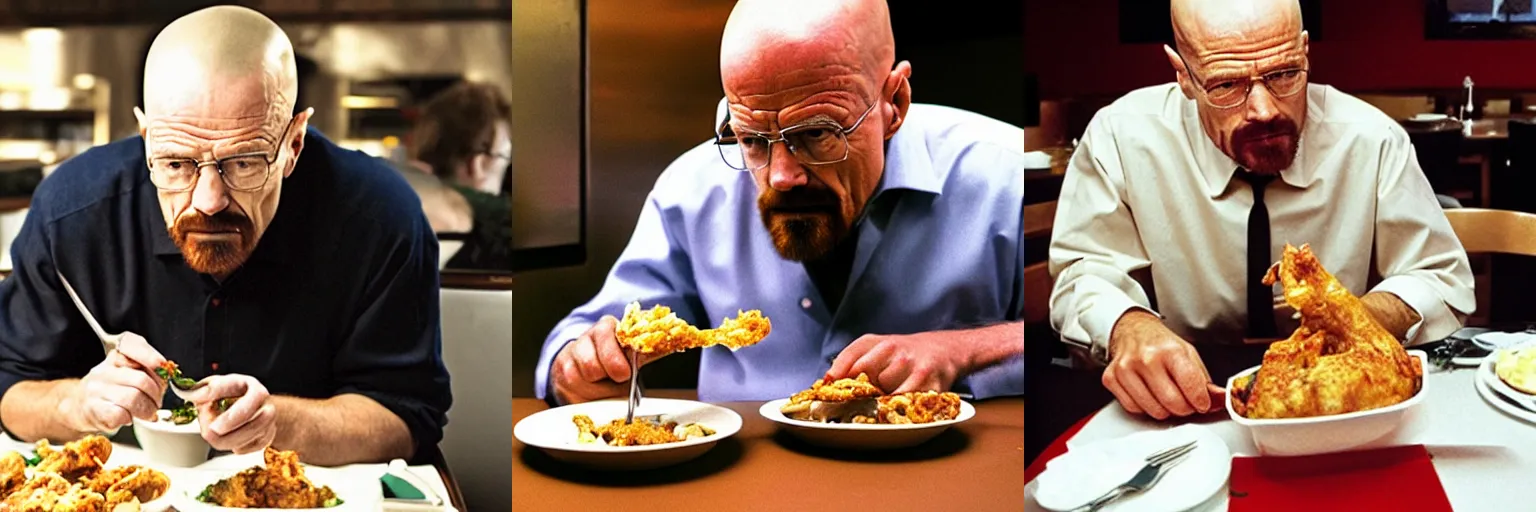 Prompt: Walter White eating chicken in a restaurant, photo