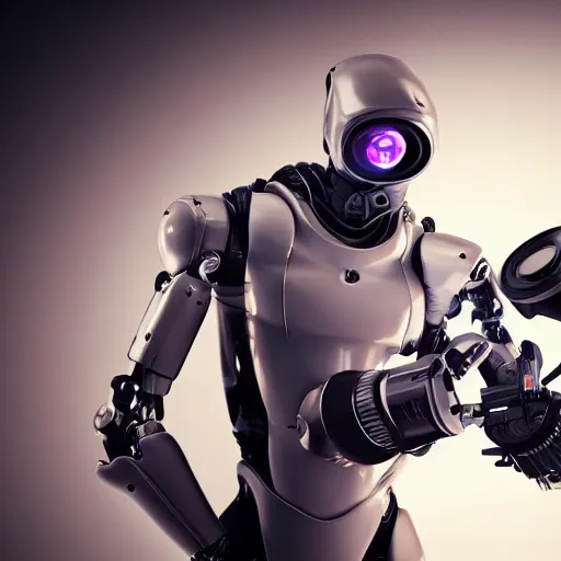 Image similar to armed futuristic anthropomorphic robot fighting with a man photographer holding photocamera, full body, clean background, photorealistic, detailed,