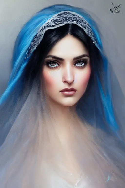 Image similar to modern tanned Ameera al-Taweel, bright blue eyes, wavy black hair, white veil, closeup, focus face, elegant, highly detailed, centered, oil painting, artstation, concept art by tom bagshaw