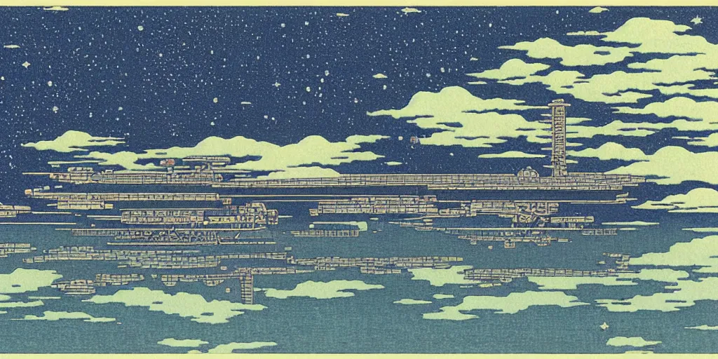 Image similar to a space station by kawase hasui. hd