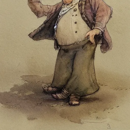 Image similar to a muted color watercolor sketch of a old man little person dancing from story book character ifrom the book Baltimore & Redingote by Jean-Baptiste Monge of an old man in the style of by Jean-Baptiste Monge that looks like its by Jean-Baptiste Monge and refencing Jean-Baptiste Monge